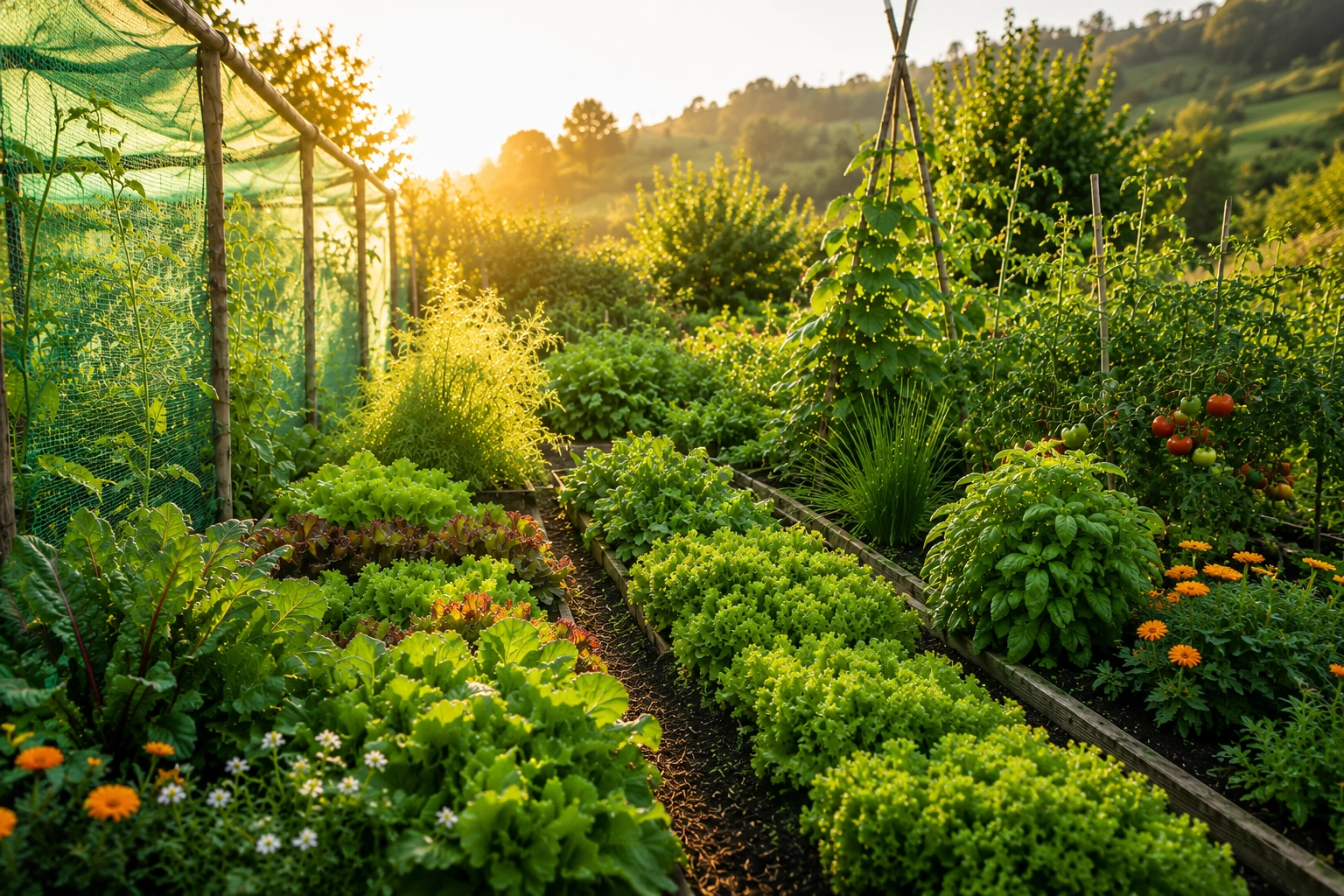 A lush vegetable garden with salad, tomatoes and flowers